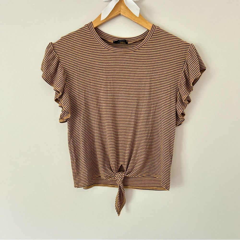 Soprano Thin Stripe Black and Orange Ribbed Ruffle Tie Tee